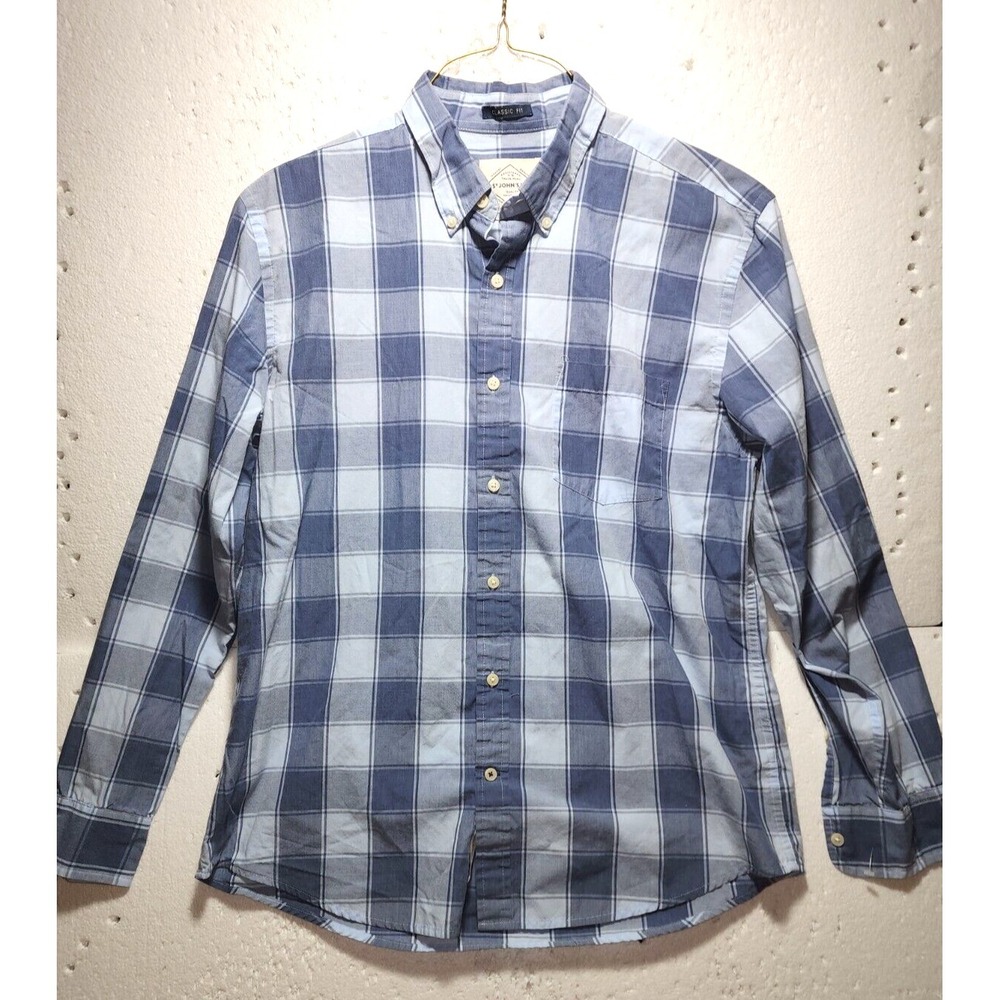 St Johns Bay Shirt Mens Large Blue Gray Plaid Casual Button Down Long Sleeve